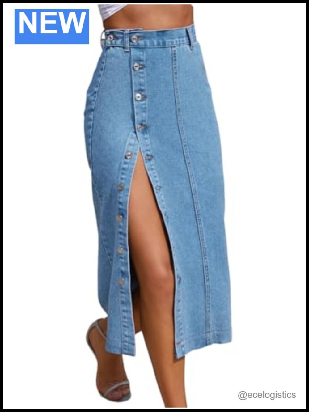 High Waisted Button Front Denim Midi Skirt with Side Slit Summer